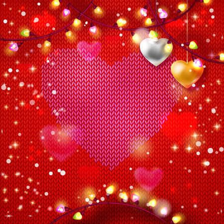 Knitting background with heart and lightsのイラスト素材