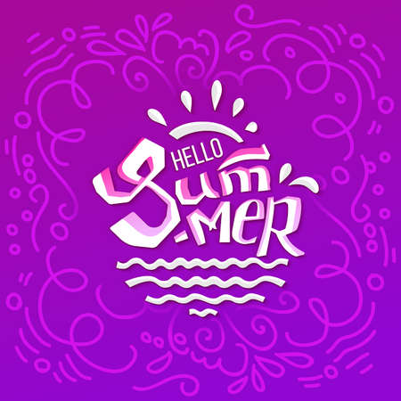Hello Summer lettering on purple backgroundのイラスト素材