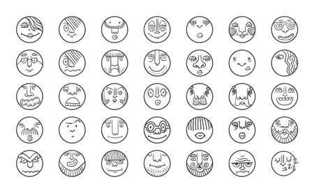 People face cartoon vector icons. Doodle avatar set. Big collection of people emotions for social activities. Linear art caricatures. Fun human characters. Different expression set.のイラスト素材