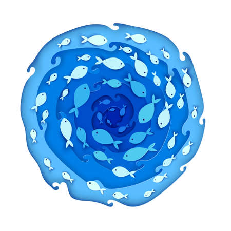 A lot of fish swim in sea on top view. Circle paper cut deep style idea of ocean or river. Vector illustration.のイラスト素材