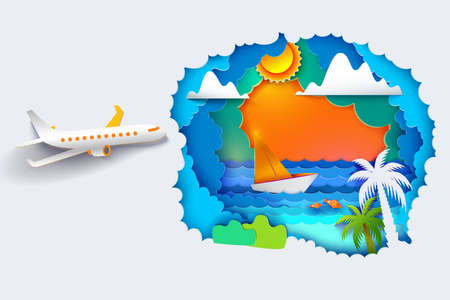 Paper art and craft style. Sun, sea, palms and airplane is flying there. Vector Paper cut illustration. Tropic landscape for travel, vacation, adventure banners? postersのイラスト素材