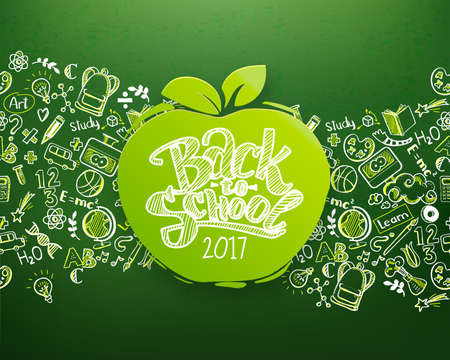 Back to school Horizontal chalkboard with hand drawn pattern and lettering logo on apple. Education background for design, branding, web, brochures, folder, banners, leaflet. School ideas and typographyのイラスト素材