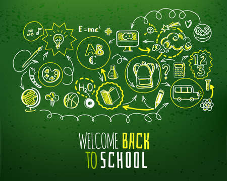 Education scheme infographic and Back to school typography on green chalkboard. Vector illustration of school supplies and subjects interaction. Sketch design concept for web and mobile servicesのイラスト素材