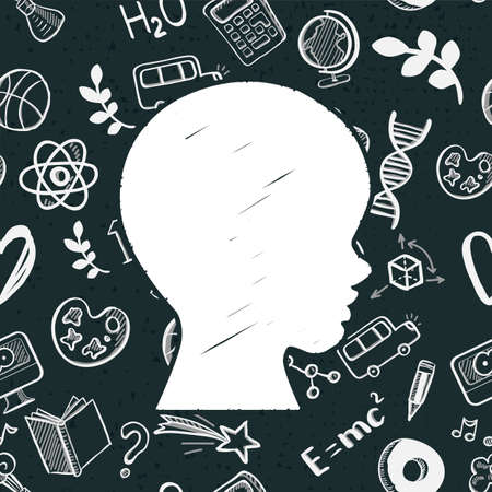 School education concept. Hand drawn. Vector illustration. Chalkboard background. Kids face profile contour with many doodle icons.のイラスト素材