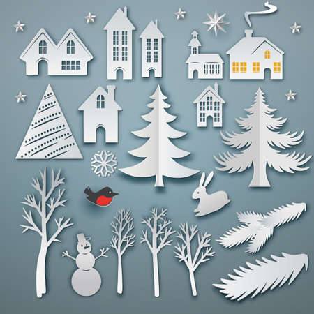 Christmas paper art elements set. Vector icon illustration. White paper cut layers. Winter with house, trees, hare, star, bulfinch, snowman and christmas tree. Holidays symbols for retro designのイラスト素材