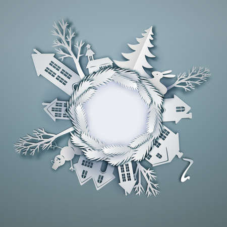 Paper art landscape around circle frame. Christmas and happy new year with tree and house paper cut out design. Vector illustration for winter greetings on banner, poster, backgrounds. Retro styleのイラスト素材