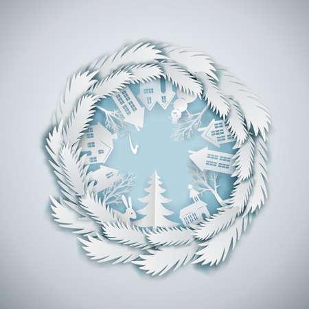 Paper art landscape, house, rabbit in circle frame made from fir tree branches. Christmas and happy new year tree and house paper cut out design. Vector illustration for winter greetingsのイラスト素材