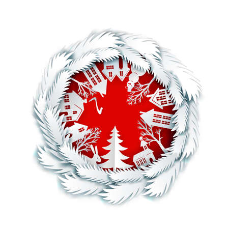 Paper art landscape, house, rabbit in circle frame made from fir tree branches. Christmas and happy new year tree and house paper cut out design. Vector illustration for winter greetings on redのイラスト素材