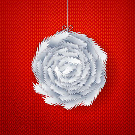 Holidays ball made from fir tree branches on red kitted background. Christmas garland decoration. Christmas paper cut wreath. New Year bow design paper art element. Paper ball. Holidays symbolのイラスト素材