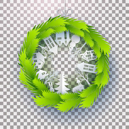 Christmas decorated green paper wreathのイラスト素材