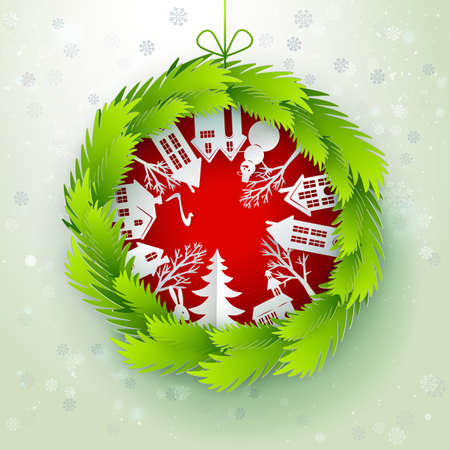 Christmas decorated paper wreathのイラスト素材