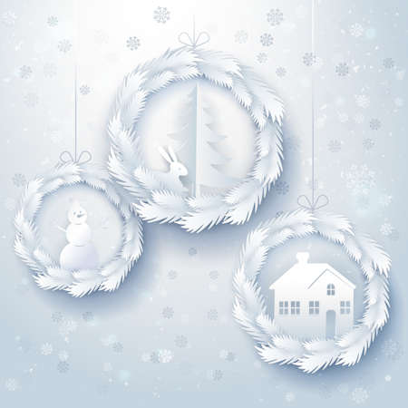 Paper art Christmas background with decorations. House, snowman, christmas tree, rabbit in wreath made from fir tree branches. Happy new year paper cut out design. Vector illustration for winter greetingsのイラスト素材