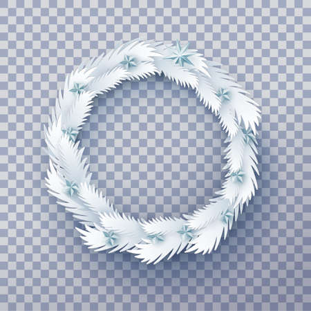 White Paper art wreath frame with 3d stars isolated on transparent background. Circle decorative border made from paper fir tree branches. Christmas and happy new year cut out. Vector illustrationのイラスト素材