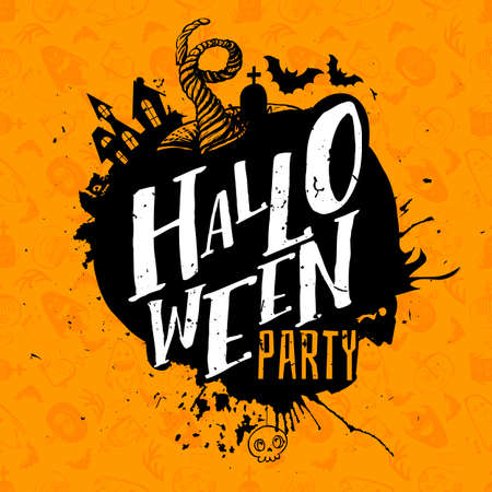 Halloween Party lettering on  big black splat with deadwood, haunted house and bats.のイラスト素材