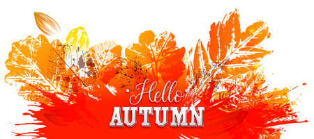 Abstract Vector background with ink stamp leaves and paint splashes. Autumn season Frame hand drawn illustration for banners, posters. Bottom oriented decorのイラスト素材