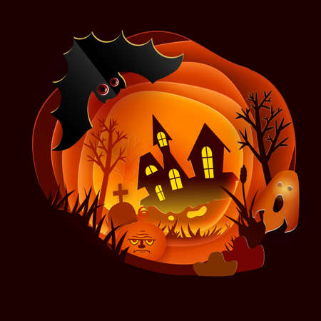 Paper cut out design of Halloween night with orange light and big looking bat. Vector art and illustration. Greeting retro styled card with cartoon silhouette characters.のイラスト素材