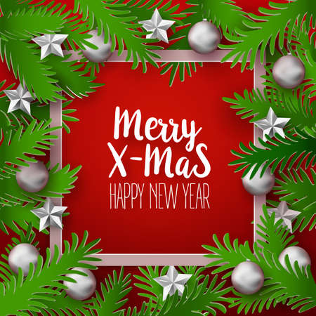 Christmas and New Year with green paper fir tree branchesのイラスト素材