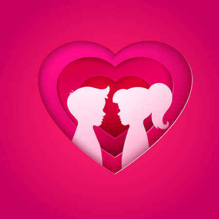 Pink male and female silhouette in layered design heart. Boy and girl faces profile in paper cut out art style. Couple portrait. Origami love heart. Romantic February holidays card. Be my valentine.のイラスト素材