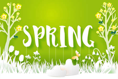Flowering meadow with trees. Flowers, grass, butterfly and birds cut out from white paper on a fresh green background. Paper art. Hello Spring text. Vector illustration. Nature bannerのイラスト素材