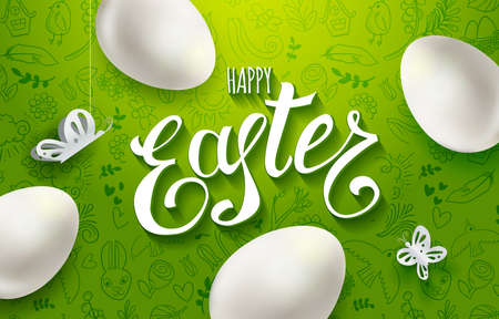 Template vector card with realistic eggs and paper art butterflies. Handwriting greetings Happy Easter. Green background. Lettering, calligraphy. 3D. Paper cut out elements and doodlesのイラスト素材