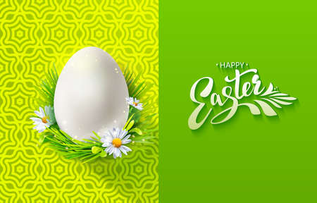 Modern banner with handwritten inscription Happy Easter and realistic white egg, grass and flowers. Vector geometric background. Green color. Folk painting. Lettering greetingsのイラスト素材