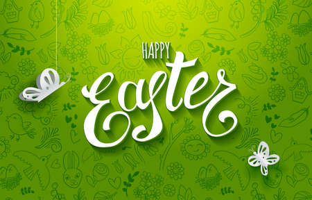 Template vector card with paper art butterflies. Handwriting greetings Happy Easter. Green background. Lettering, calligraphy. Paper cut out elements and handdrawn Holidays doodlesのイラスト素材