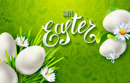 Template vector card with realistic eggs, chamomiles, grass and flowers. Handwriting inscription Happy Easter. Green background. Lettering, calligraphy. 3D. Paper cut out elements and doodlesのイラスト素材