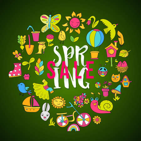 Hello Spring sale doodle circle frame with balloon, bicycle, bird, butterfly, rabbit, flowers. Vector illustration.のイラスト素材
