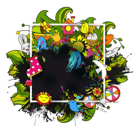 Spring season doodle with animal, and plants illustration.のイラスト素材