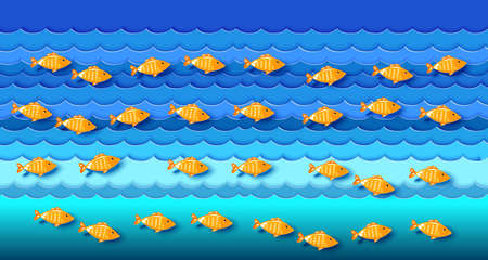 Many fishes on blue waves in the sea.  Paper art cut out styleのイラスト素材