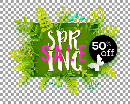 Spring Sale with green grass and leaves isolated on transparent background. Paper art cut out. Vector illustration. Paper art. Vector illustrationのイラスト素材