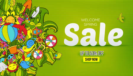 Season sale promo banner. Doodles abstract decorative summer vector isolated on white background with hand drawn frame. Greeting card, banner, poster landing page designのイラスト素材