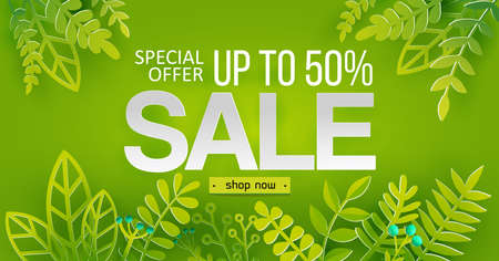 Summer sale banner with paper art cut out plants, grass, branches on green background, floral design for banner, flyer, invitation, poster, web site or greeting card. Vector illustrationのイラスト素材