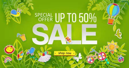 Summer sale banner with paper art cut out plants, grass, branches on green background, floral design for banner, flyer, invitation, poster, web site or greeting card. Vector illustrationのイラスト素材