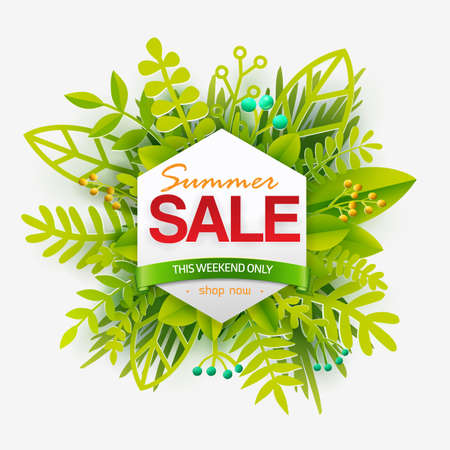 Summer sale geometric banner with green paper leaves. Floral background, banner, flyer, invitation, poster, web site, label, tag. Paper art cut out style, vector illustration. Business material designのイラスト素材
