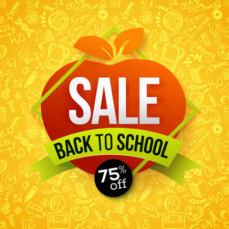 Back to school Sale label. Apple isolated on yellow doodles background. Education symbol for business banners, posters, flyers. Paper art cut out, craftのイラスト素材