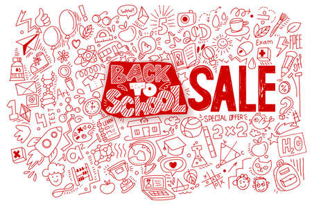 Hand drawn back to school sale doodles and sketch style lettering on yellow background. Vector illustration. For discount banners, posters, flyers. A lot of education icons, study symbols. Red colorのイラスト素材