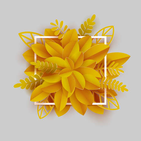 Autumn paper art cut out leaves in white frame. Abstract background with yellow colors. Design for decoration, business presentation, posters, flyers, prints, banners. Vector illustration.のイラスト素材