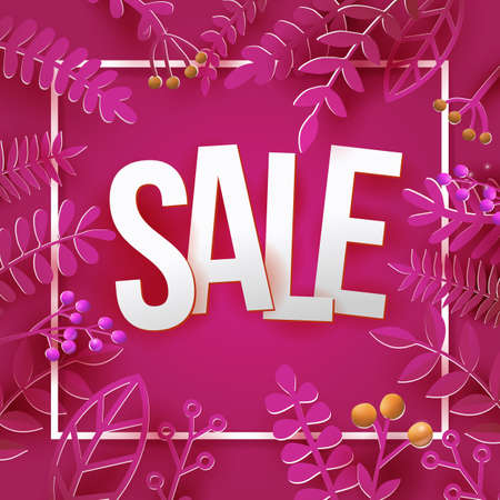 Autumn Sale background, tree paper art cut out leaves frame, orange backdrop, design for fall season banner, business poster, card, invitation, vector illustration. Paper sale typography.のイラスト素材