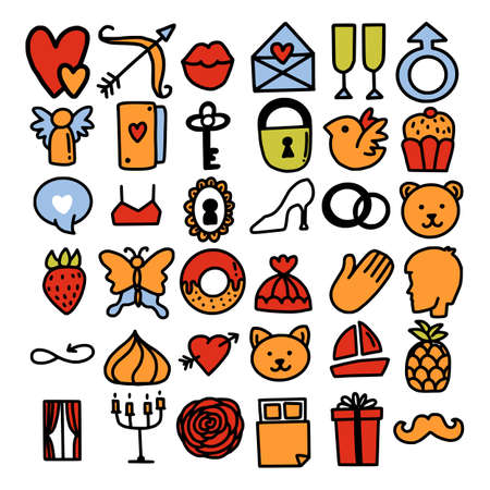Set of romantic vector icon in doodle design. Valentine's day and Love symbols and illustrations. For cards, web or print banners, flyers, holiday greetingsのイラスト素材