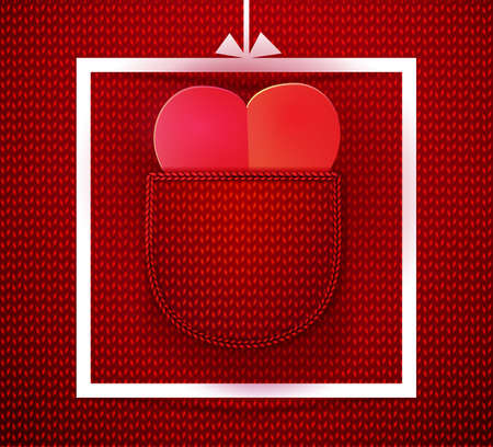 Paper heart in knitted pocket with paper art cut out frame. Valentines day card. Vector background with Love symbol.のイラスト素材