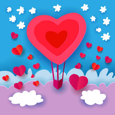 Hot air balloons in the sky with clouds, clouds and fly hearts. Paper art cut out digital craft style. Vector illustration.のイラスト素材