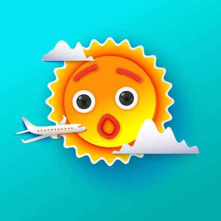 Airplane aerial view paper art cut out on blue sky background with sun character and clouds. Vector illustration for web or print banner. Flight aircraft concept. Emotion of wonderのイラスト素材