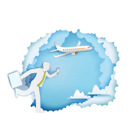 Businessman run for paper airplane fly away in blue sky with clouds. Go to target and business success. Go to holidays concept. Paper art cut out. Vector illustrationのイラスト素材