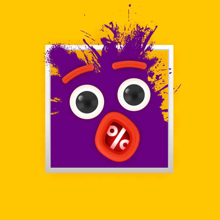 Persent sale symbol ink splash monster face with eyes and open mouth looking on yellow background. Discount for banners, posters, flyers. Creative sketch design advertisingのイラスト素材