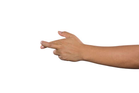Closeup of male hand pointing. Isolated on white backgroundの写真素材