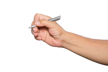 Businessman standing posture hand hold a pen,Businessman writing, drawing on the screenの写真素材