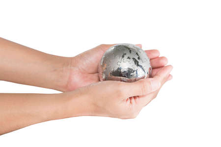 woman holding the earth in hands. Isolated on white backgroundの写真素材