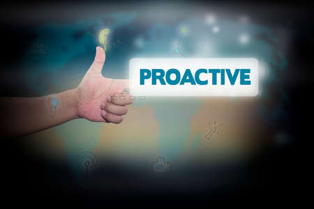 Businessman pressing button on touch screen interface and select PROACTIVE. Business conceptの写真素材