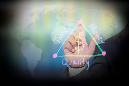 Businessman hand touching virtual screen a diagram with the balance between time, quality and money in a project developmentの写真素材
